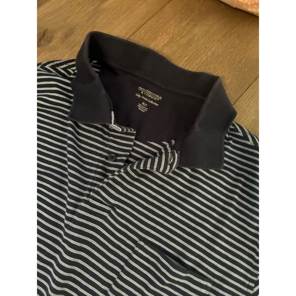 Roundtree & Yorke Polo Shirt Mens XLT Blue  Striped Long Sleeve Pocket - Picture 3 of 3